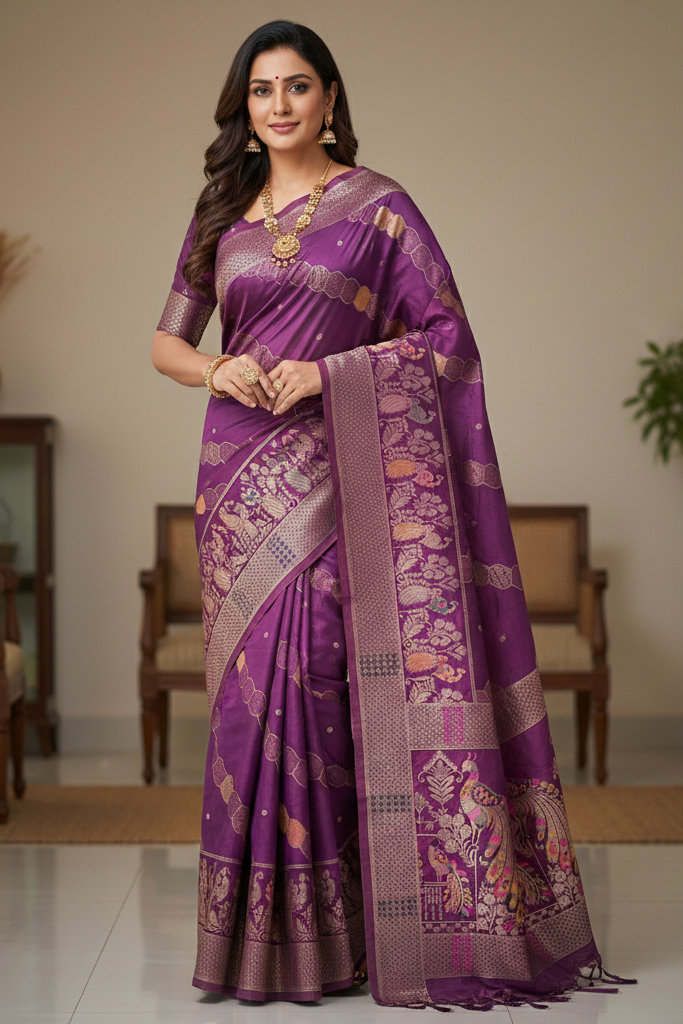 Woman wearing a purple saree with a patterned border indoors.