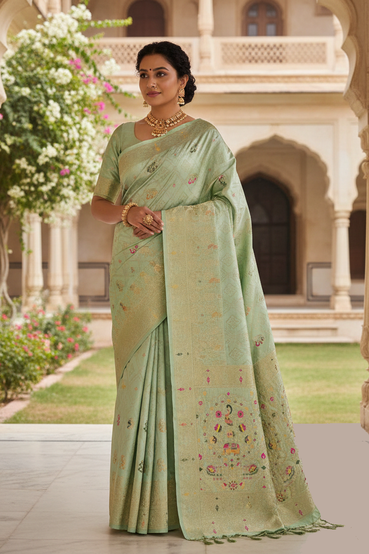 Woman in a light green saree standing in an architectural setting with columns and plants.