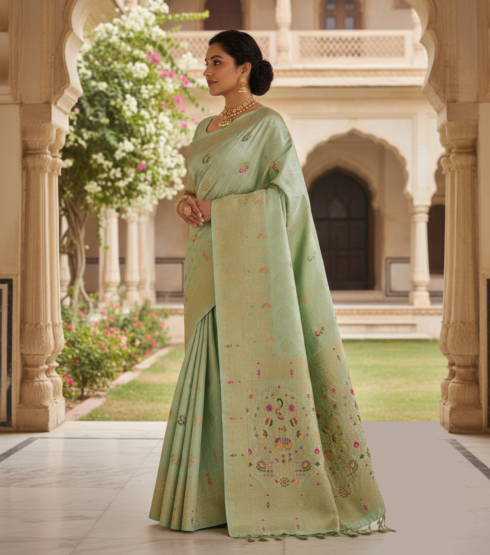 Elegant Pastel Pista Green Dola Silk Saree with Peacock & Elephant Woven Border