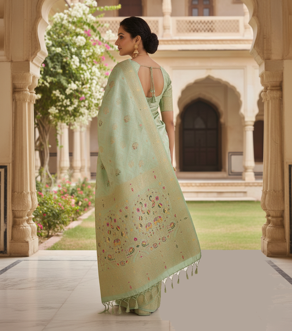 Elegant Pastel Pista Green Dola Silk Saree with Peacock & Elephant Woven Border