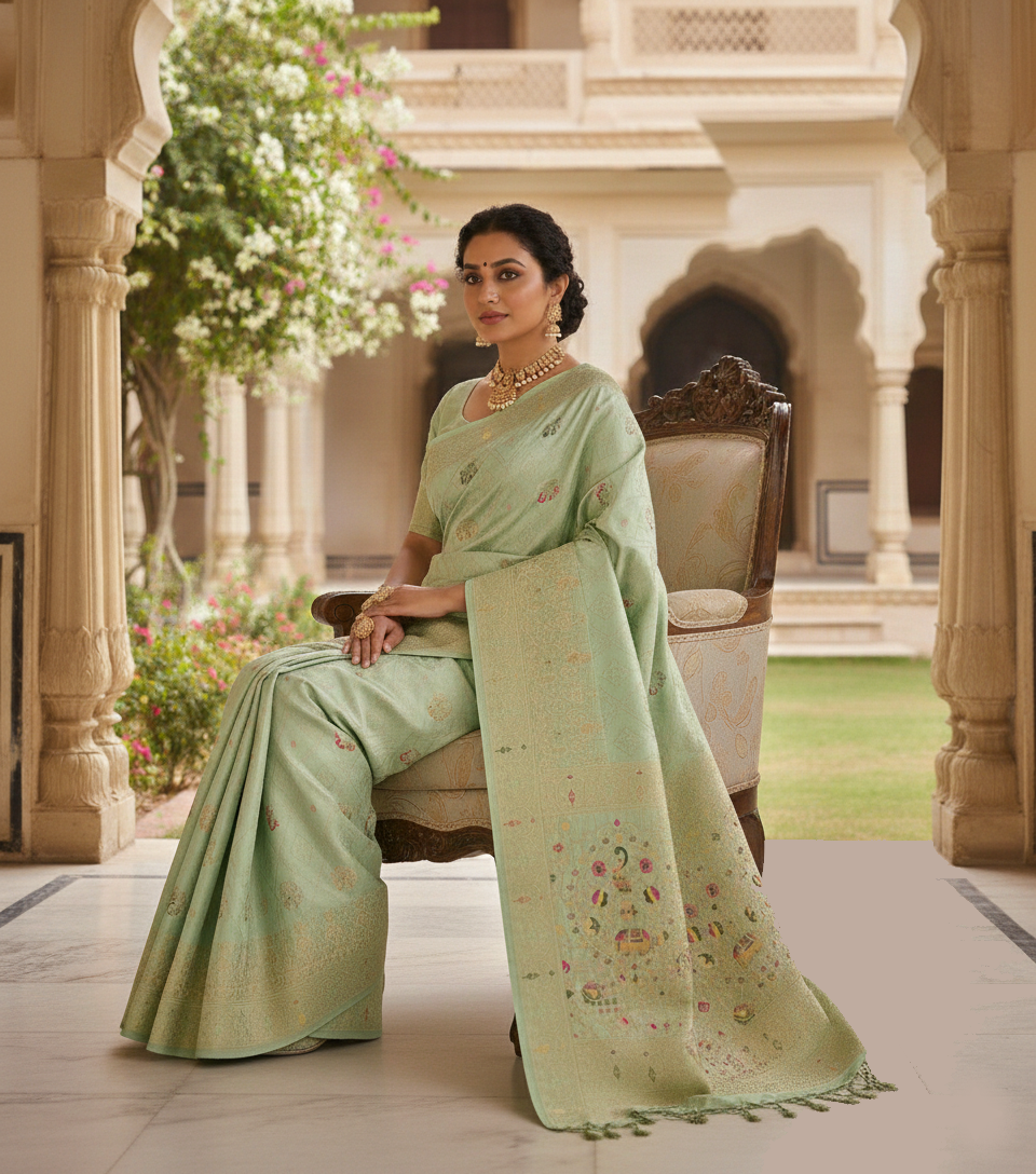Elegant Pastel Pista Green Dola Silk Saree with Peacock & Elephant Woven Border