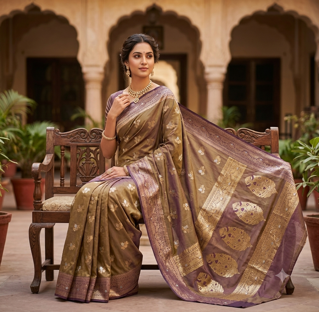 Olive Gold Silk Saree with Wine Purple Zari Border