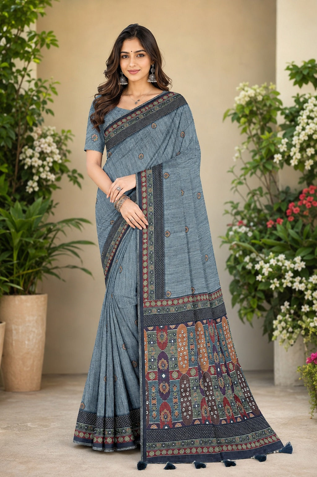 Slate Blue Linen Cotton Saree with Tribal Ajrakh-Inspired Pallu & Tassel Border