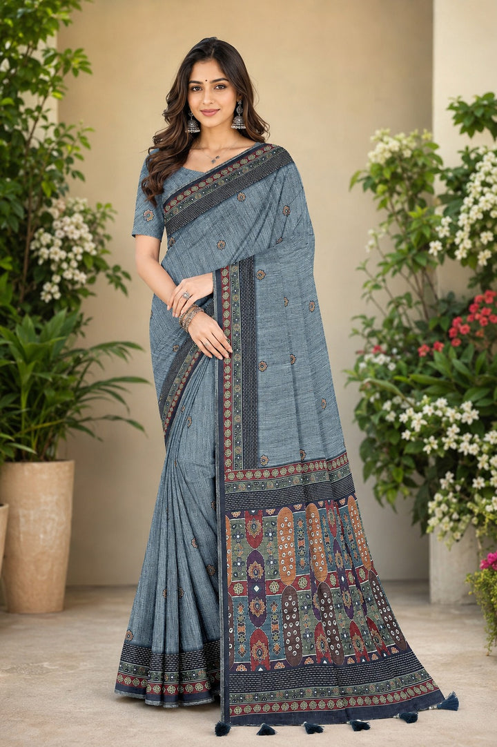 Slate Blue Linen Cotton Saree with Tribal Ajrakh-Inspired Pallu & Tassel Border