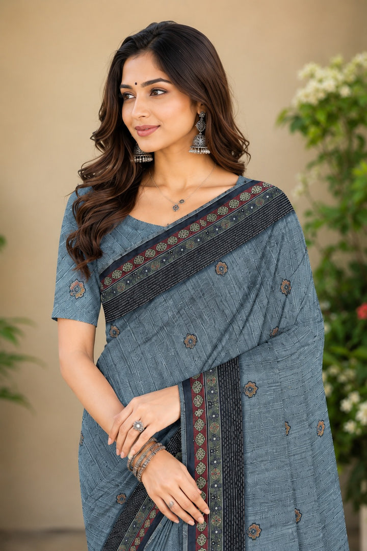 Slate Blue Linen Cotton Saree with Tribal Ajrakh-Inspired Pallu & Tassel Border
