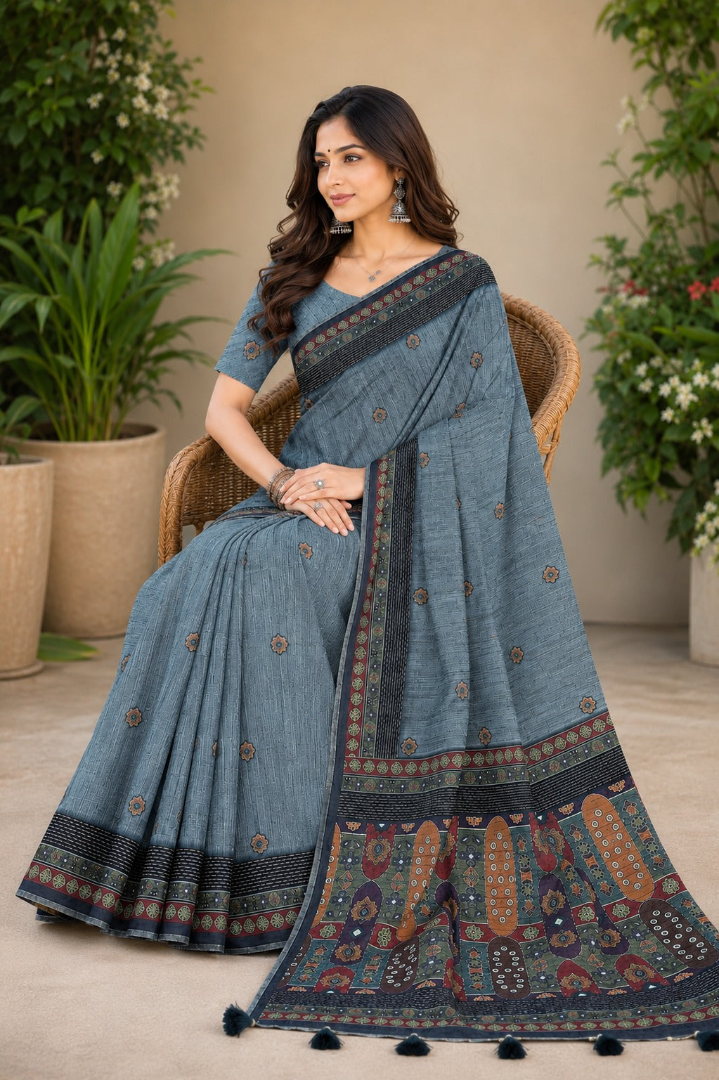 Slate Blue Linen Cotton Saree with Tribal Ajrakh-Inspired Pallu & Tassel Border