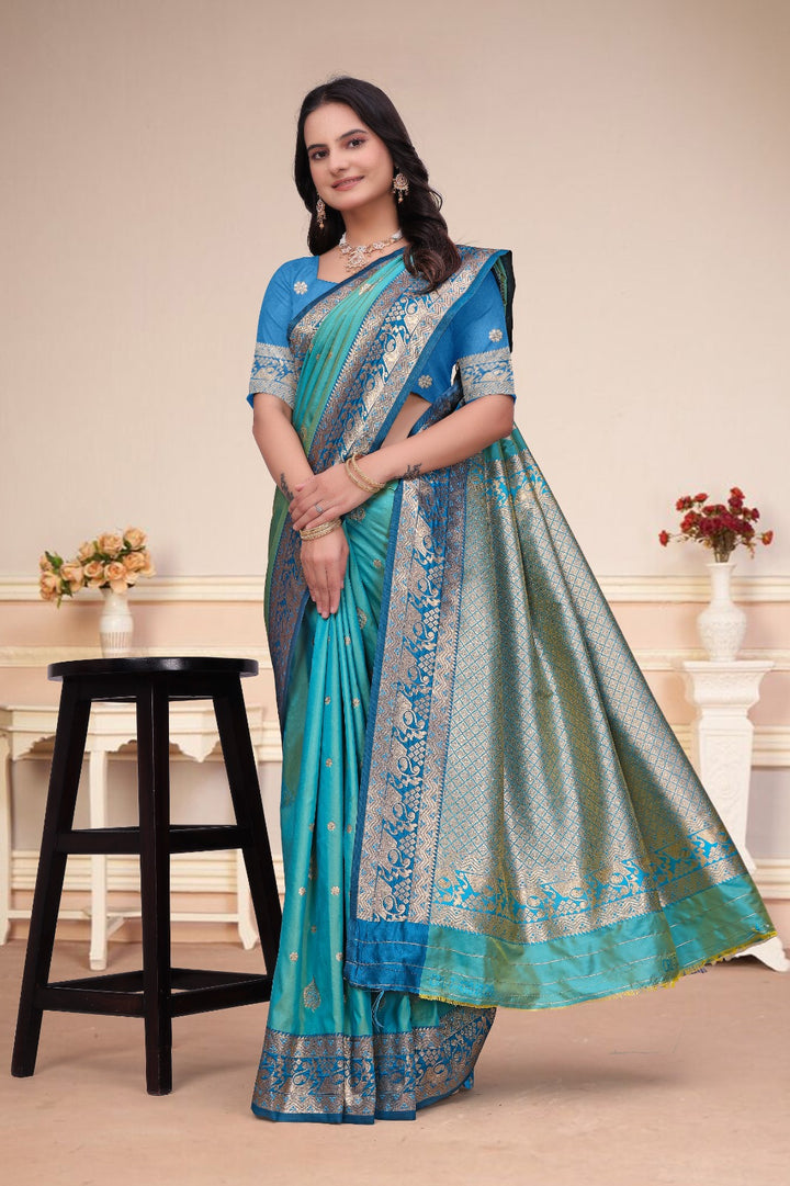 Turquoise 50/600 Silk Saree with Royal Blue Zari Border