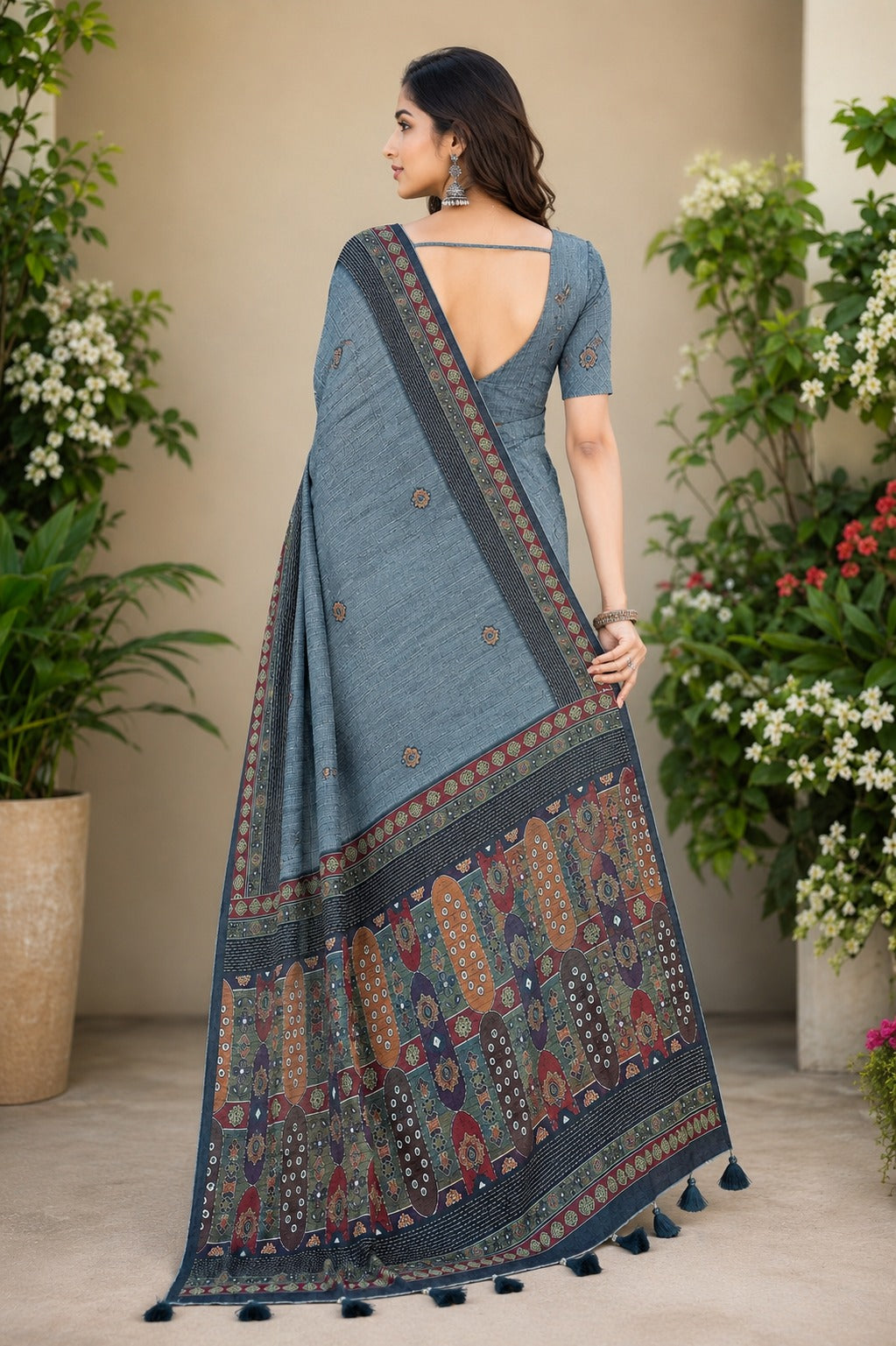 Slate Blue Linen Cotton Saree with Tribal Ajrakh-Inspired Pallu & Tassel Border