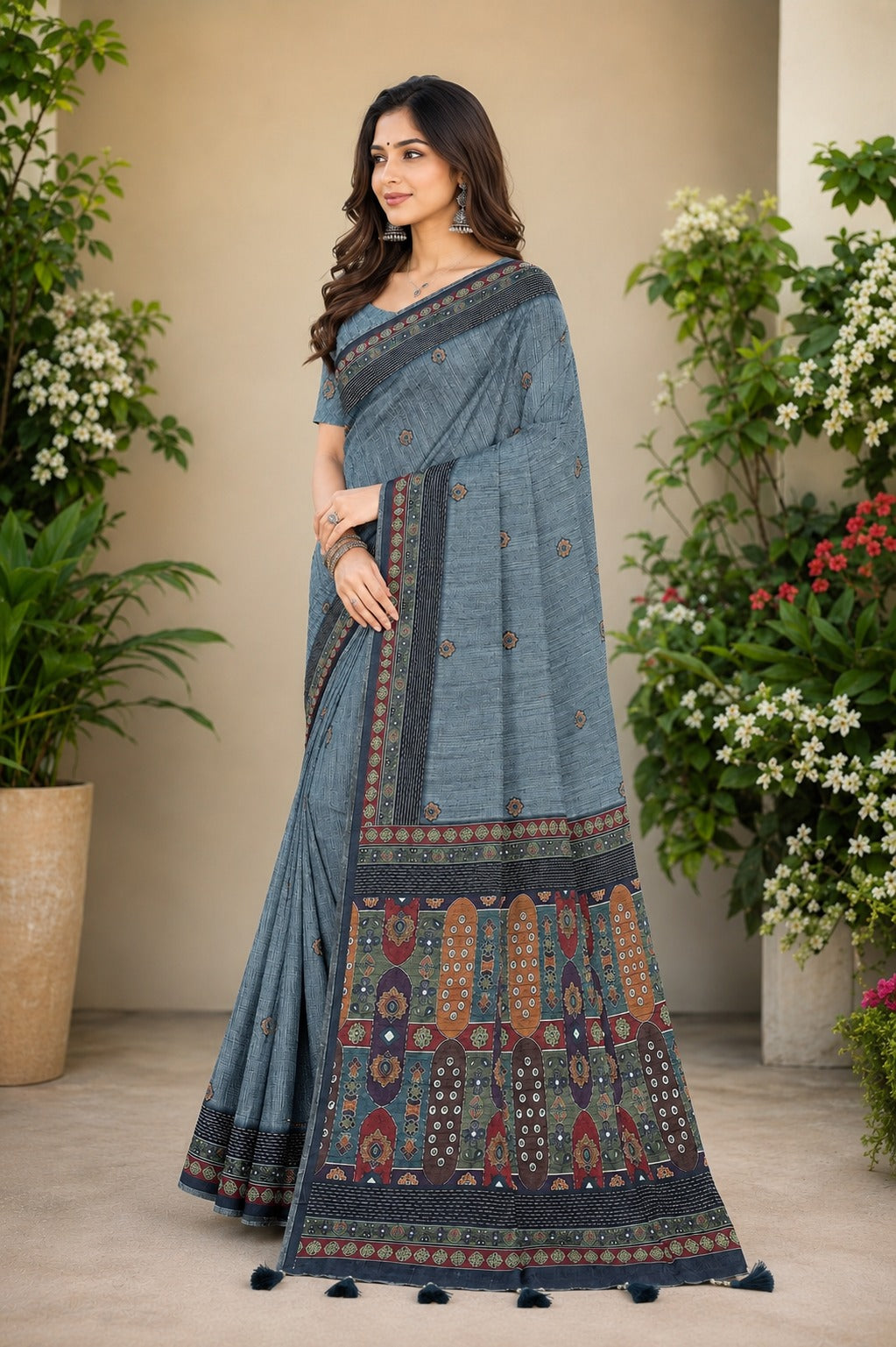 Slate Blue Linen Cotton Saree with Tribal Ajrakh-Inspired Pallu & Tassel Border