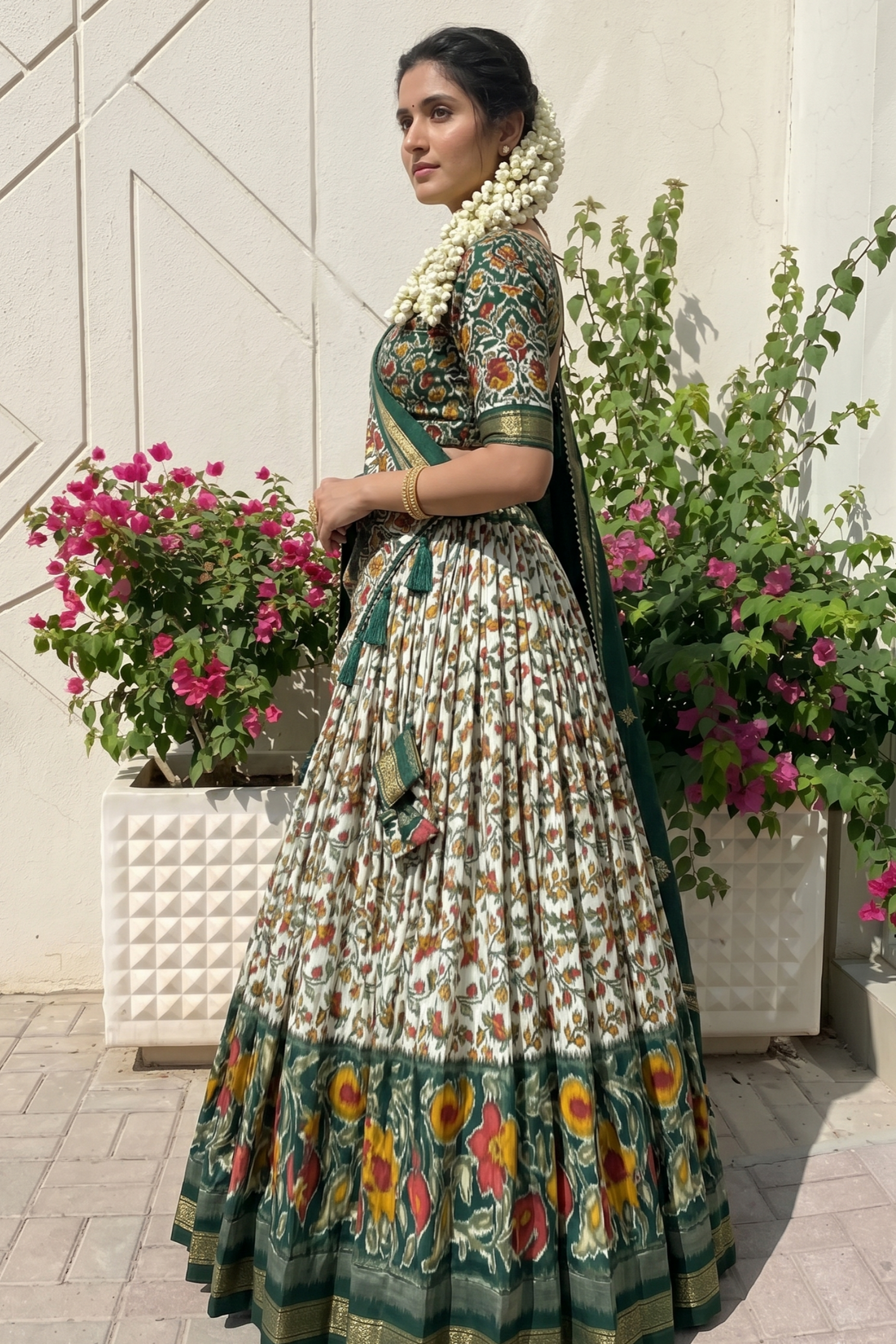 Women's Green Tusser Silk Floral Printed Lehenga Choli with Foil Work & Gotta Patti Dupatta | Designer Festive, Wedding & Party Wear
