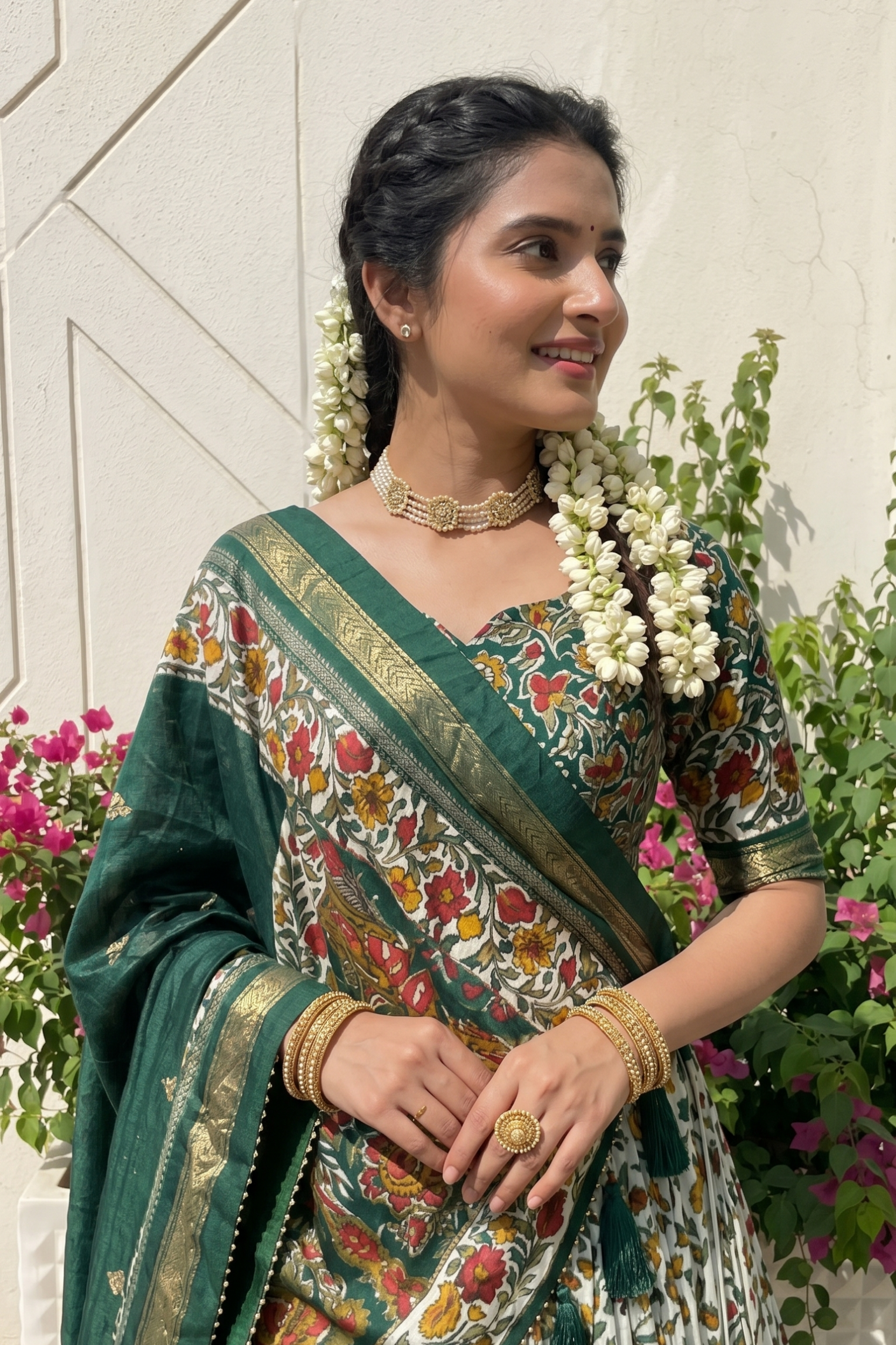 Women's Green Tusser Silk Floral Printed Lehenga Choli with Foil Work & Gotta Patti Dupatta | Designer Festive, Wedding & Party Wear