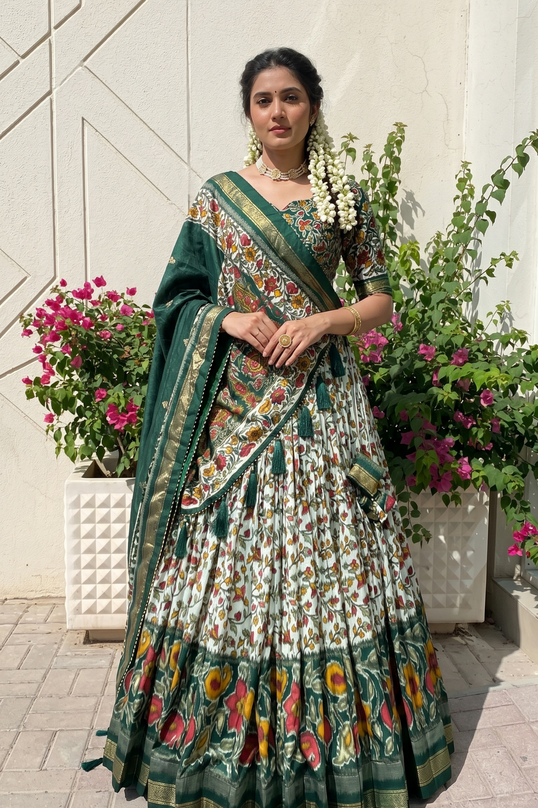 Women's Green Tusser Silk Floral Printed Lehenga Choli with Foil Work & Gotta Patti Dupatta | Designer Festive, Wedding & Party Wear