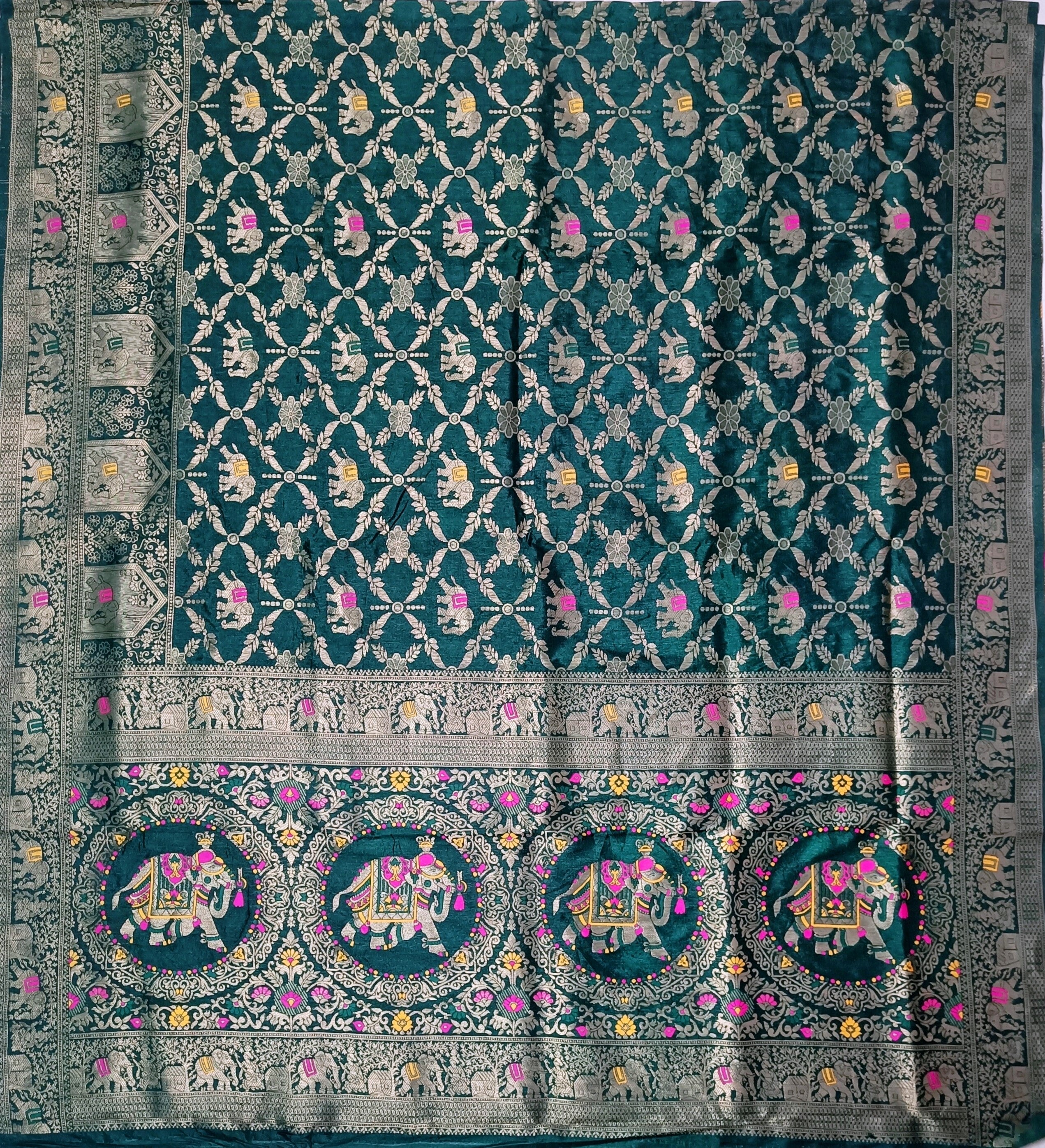 Royal Bottle Green Dola Silk Saree with Elephant & Zari Floral Border