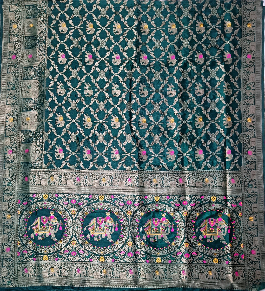Royal Bottle Green Dola Silk Saree with Elephant & Zari Floral Border