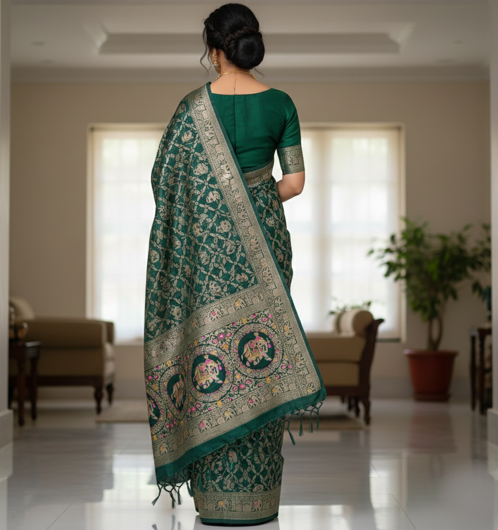 Royal Bottle Green Dola Silk Saree with Elephant & Zari Floral Border