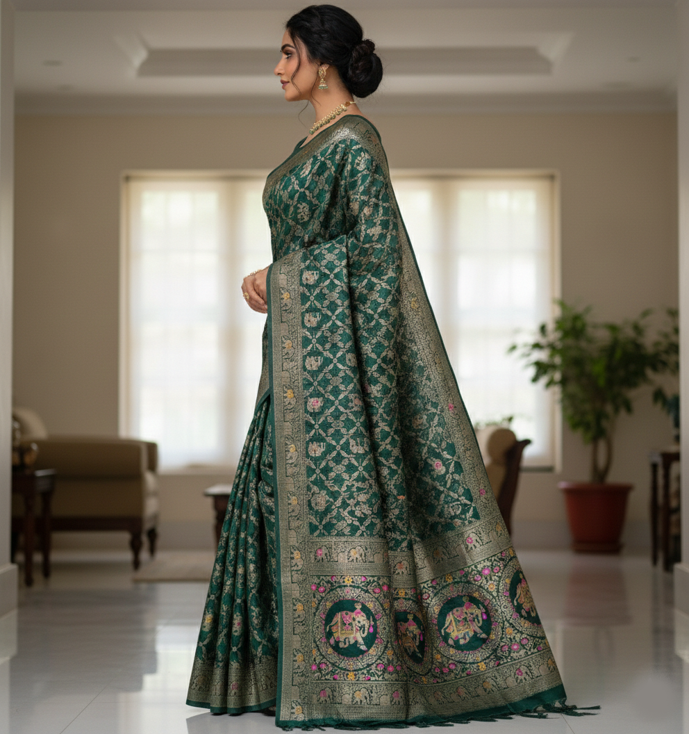 Royal Bottle Green Dola Silk Saree with Elephant & Zari Floral Border
