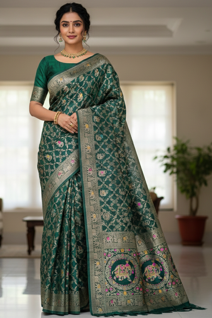 Woman wearing a green saree with intricate patterns in a well-lit room.