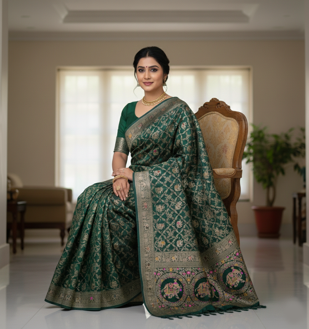 Royal Bottle Green Dola Silk Saree with Elephant & Zari Floral Border