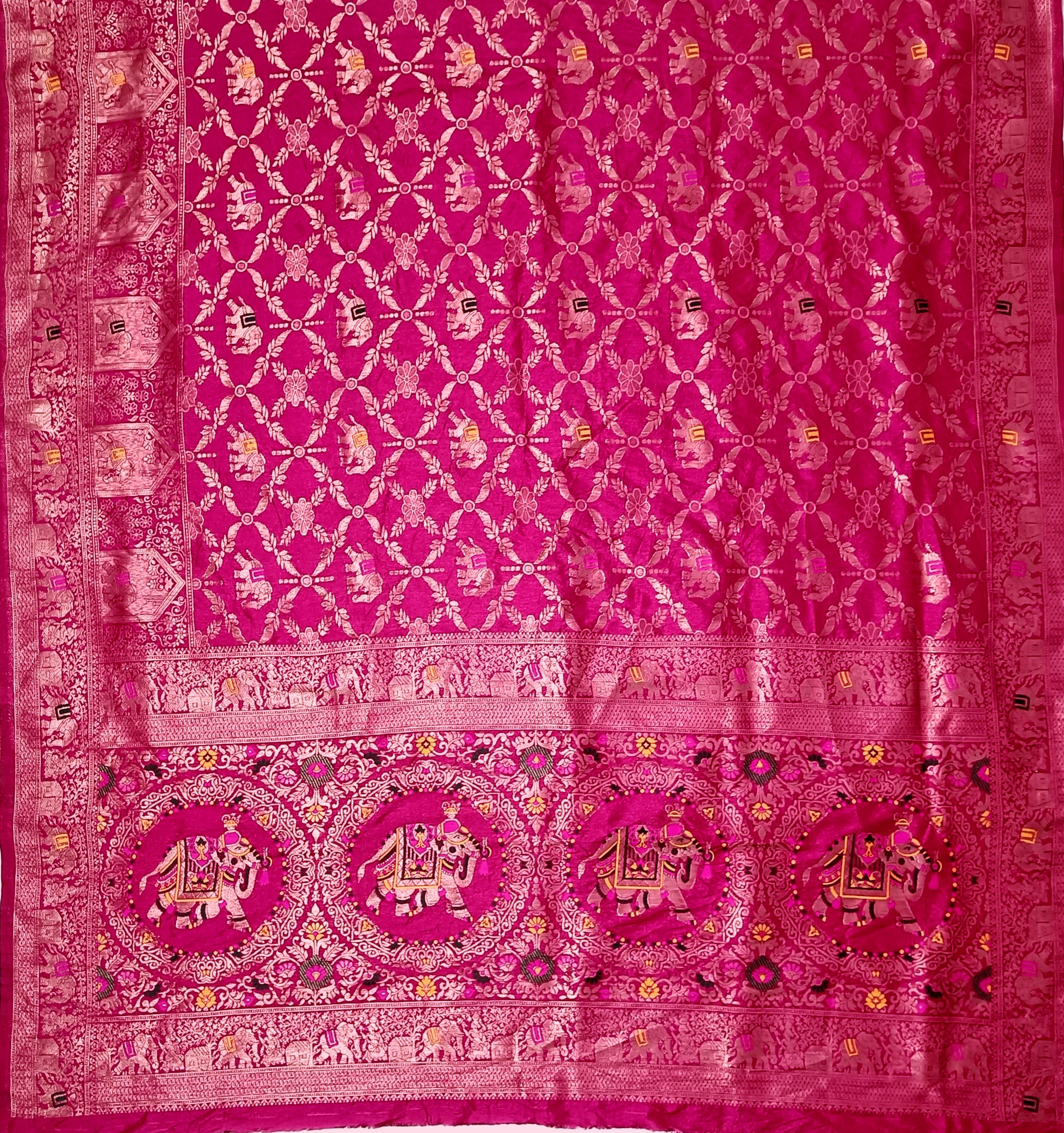 Royal Rani Pink Dola Silk Saree with Traditional Elephant & Floral Border