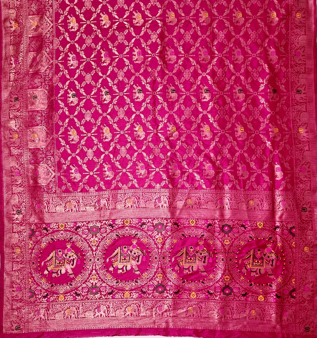 Royal Rani Pink Dola Silk Saree with Traditional Elephant & Floral Border