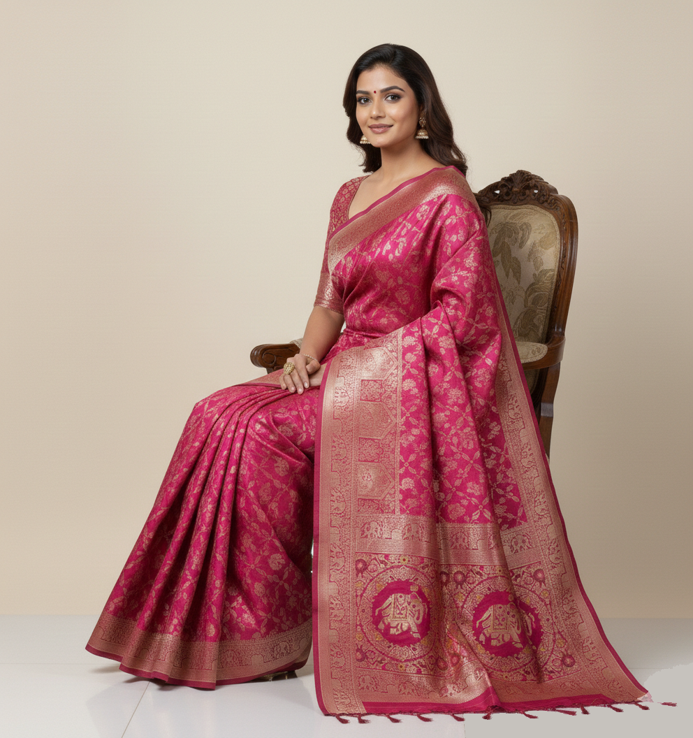 Royal Rani Pink Dola Silk Saree with Traditional Elephant & Floral Border