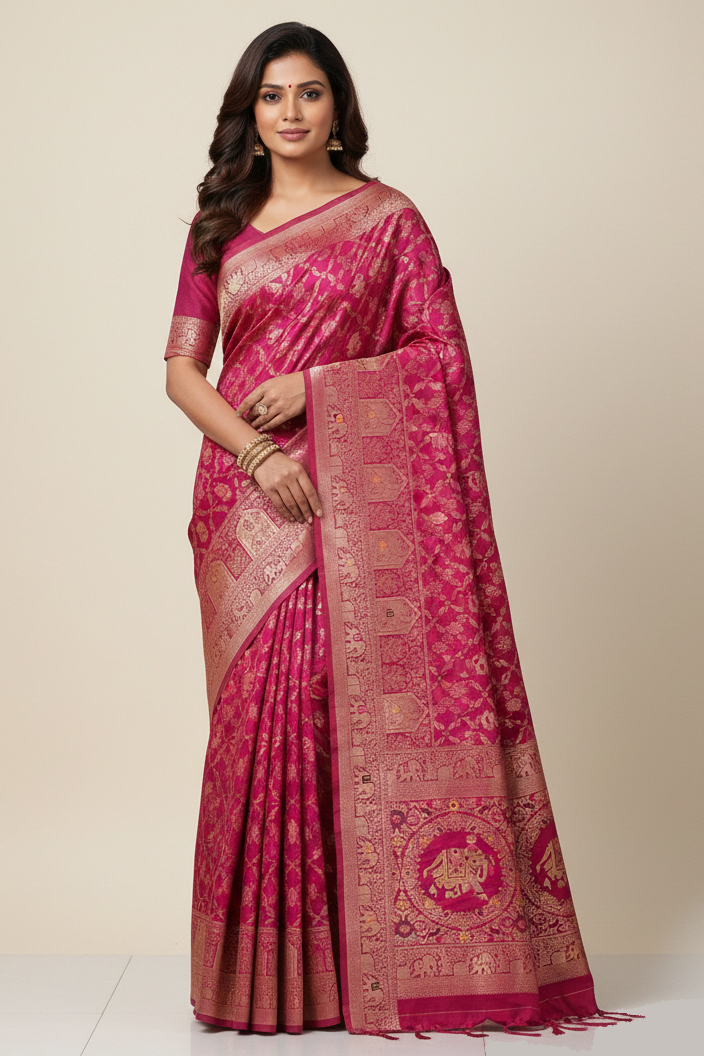 Woman wearing a pink saree with intricate patterns on a beige background