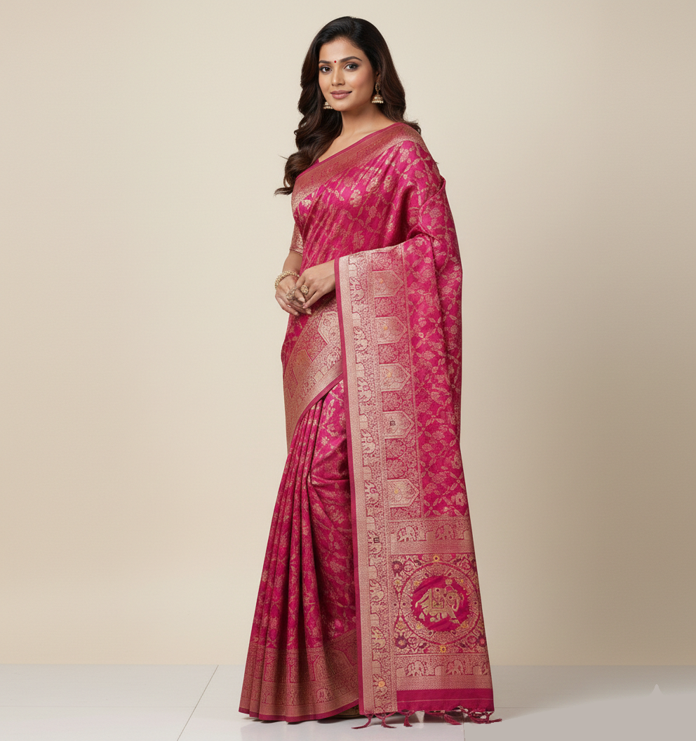 Royal Rani Pink Dola Silk Saree with Traditional Elephant & Floral Border