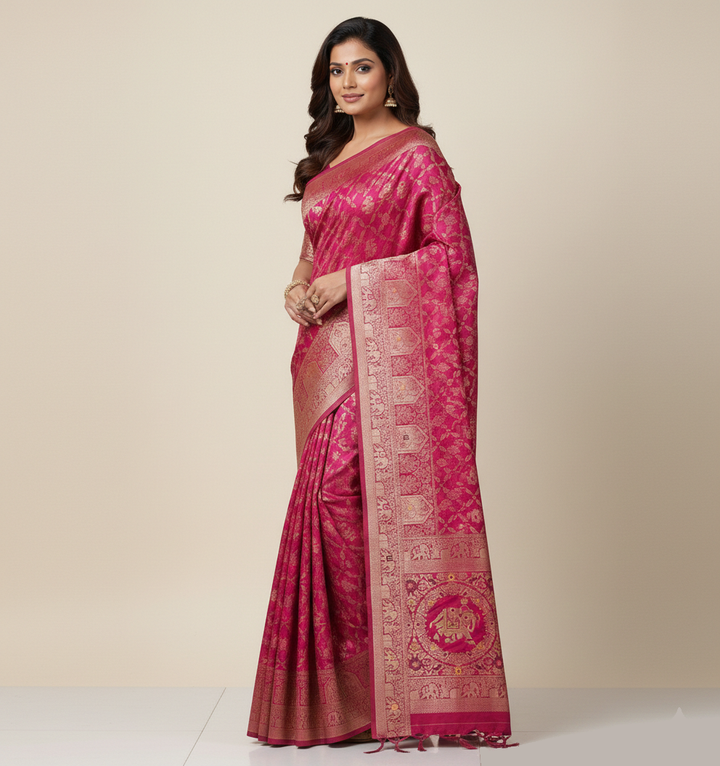 Royal Rani Pink Dola Silk Saree with Traditional Elephant & Floral Border