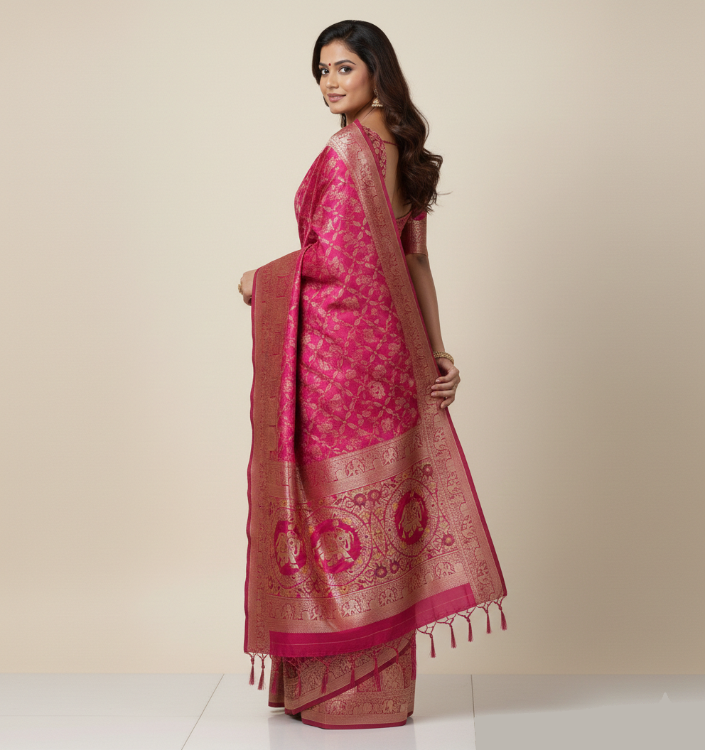 Royal Rani Pink Dola Silk Saree with Traditional Elephant & Floral Border