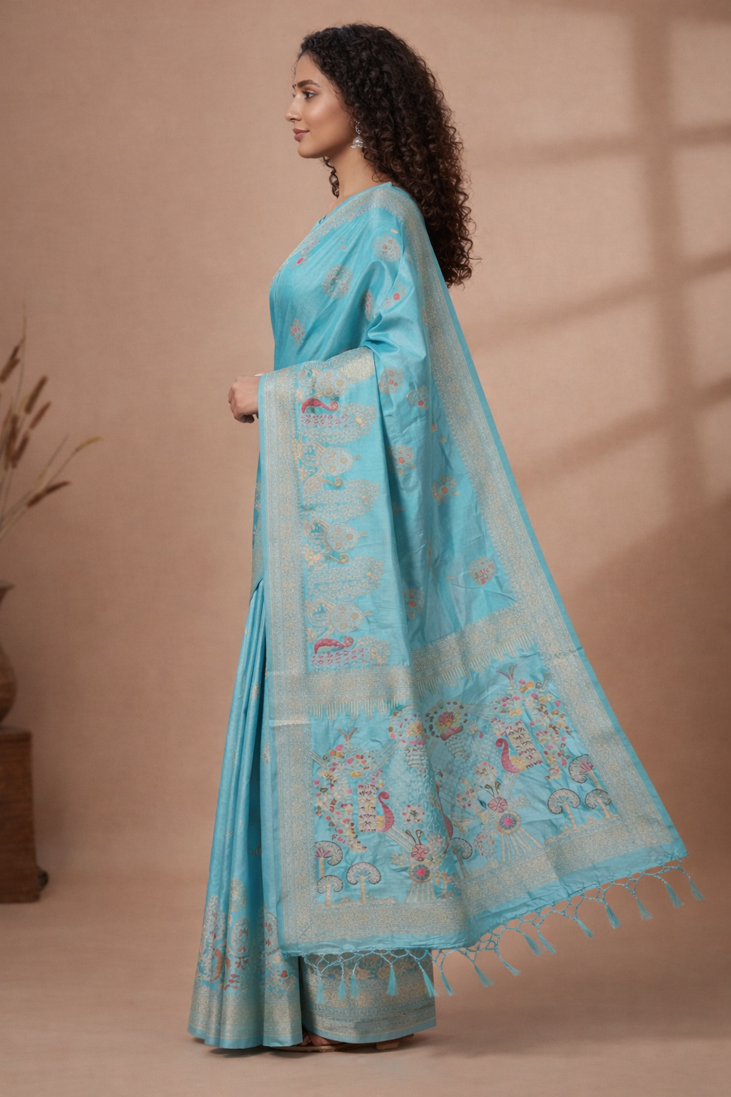 Elegant Sky Blue Dola Silk Saree with Peacock Garden Pallu & Zari Border