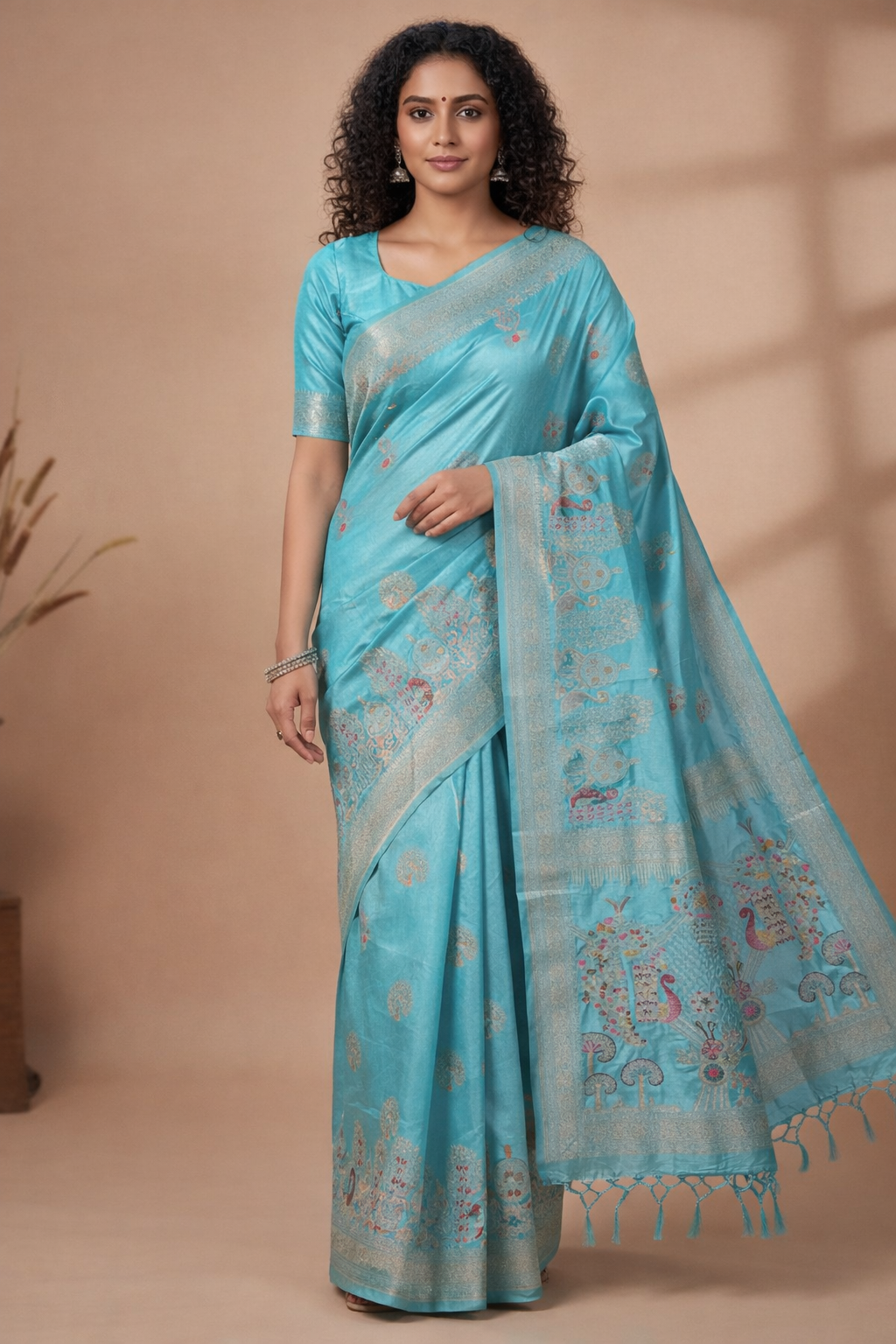 Woman wearing a light blue saree with a subtle pattern on a beige background
