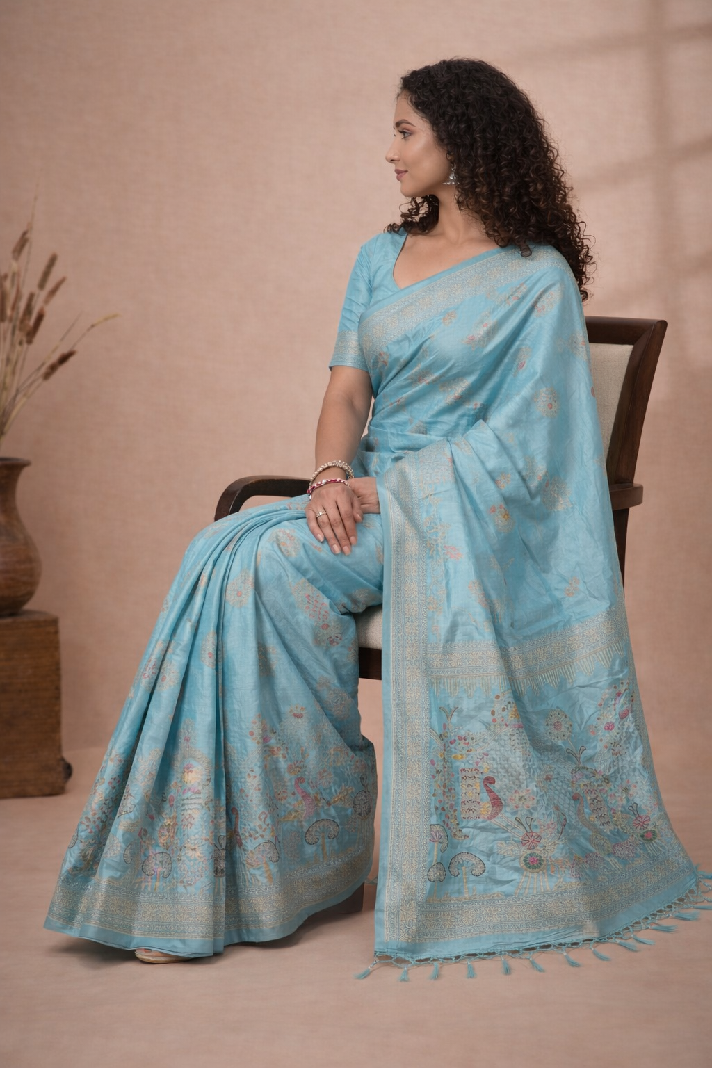 Elegant Sky Blue Dola Silk Saree with Peacock Garden Pallu & Zari Border