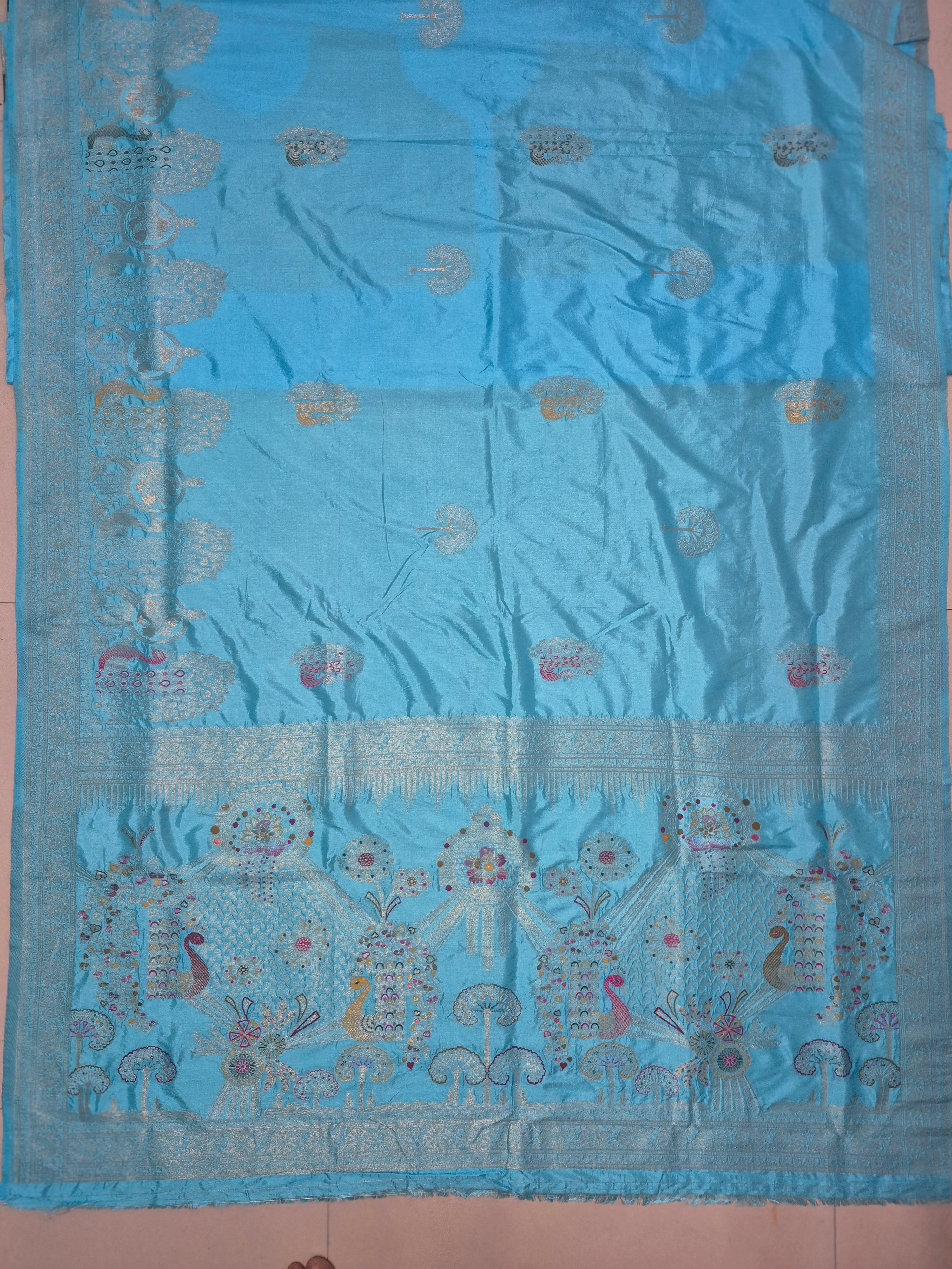 Sky Blue Dola Silk Saree with Peacock & Floral Designer Pallu