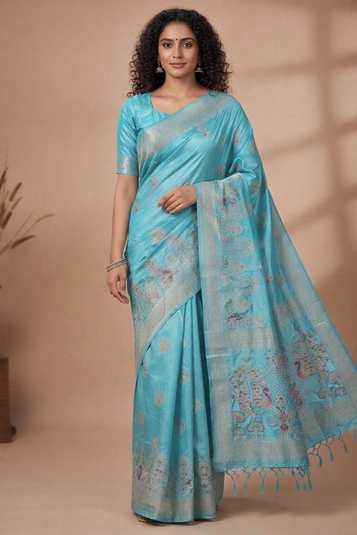 Woman wearing a light blue saree with a subtle pattern on a beige background