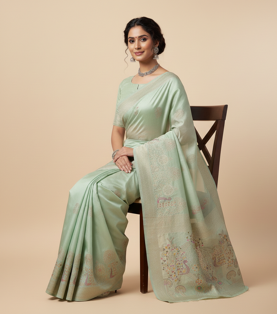 Graceful Mint Green Dola Silk Saree with Peacock Garden Pallu & Zari Border