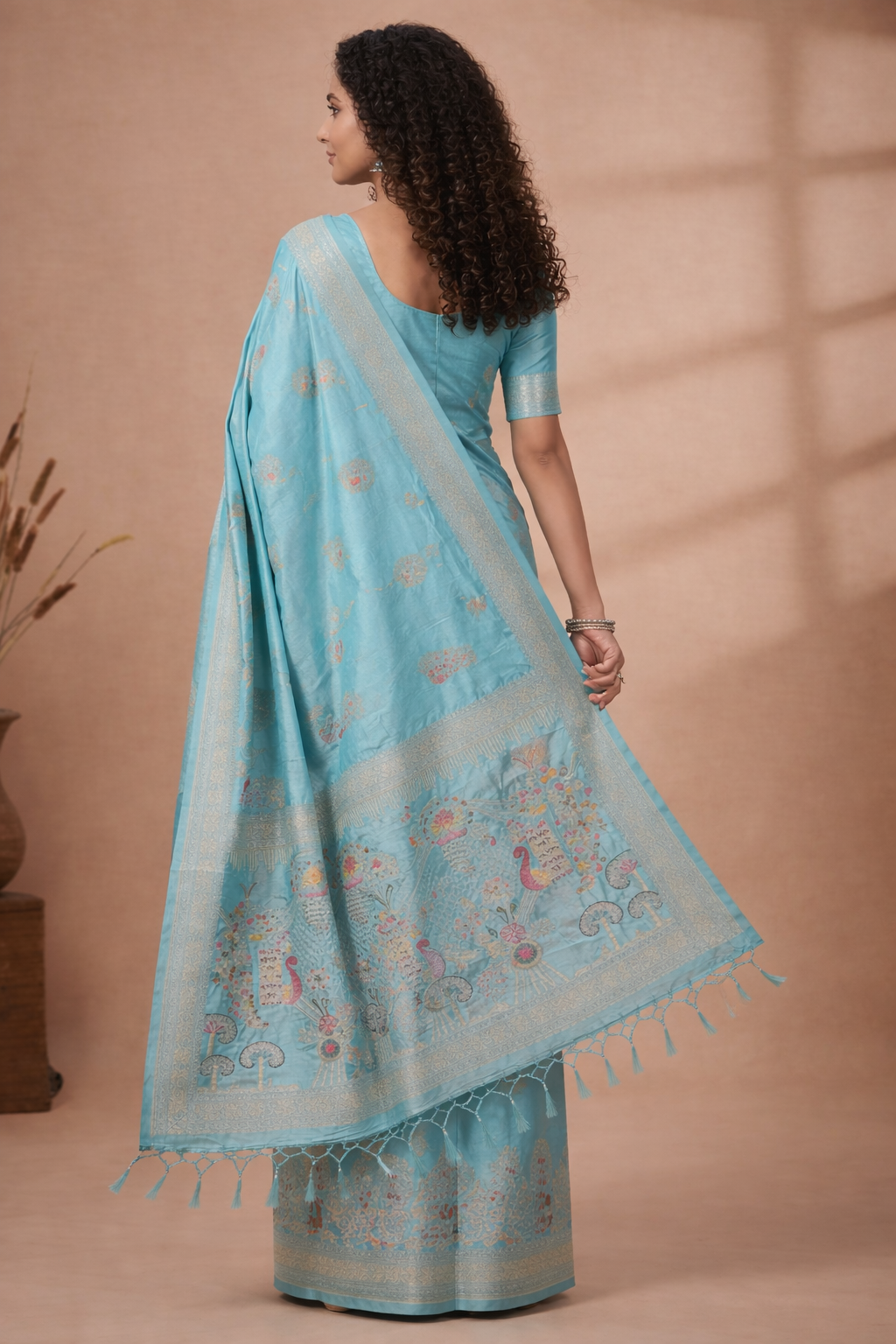 Sky Blue Dola Silk Saree with Peacock & Floral Designer Pallu