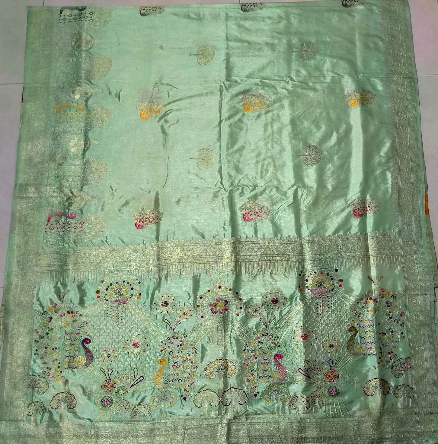 Mint Green Dola Silk Saree with Peacock & Floral Designer Pallu