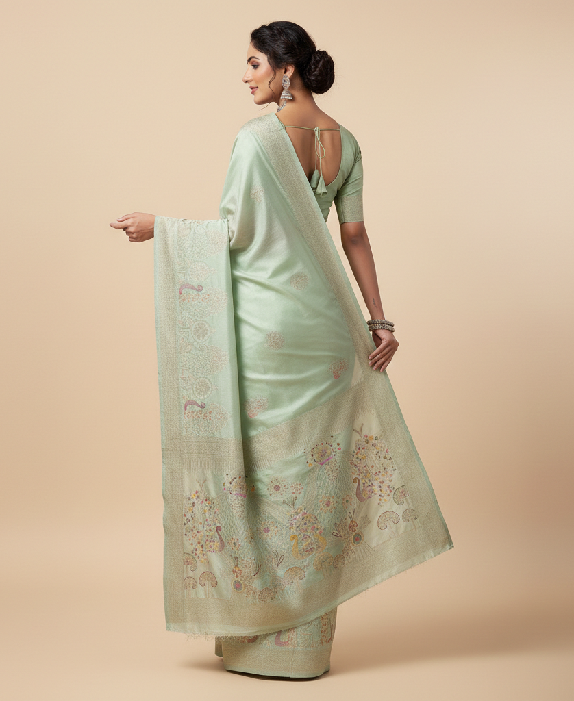 Mint Green Dola Silk Saree with Peacock & Floral Designer Pallu