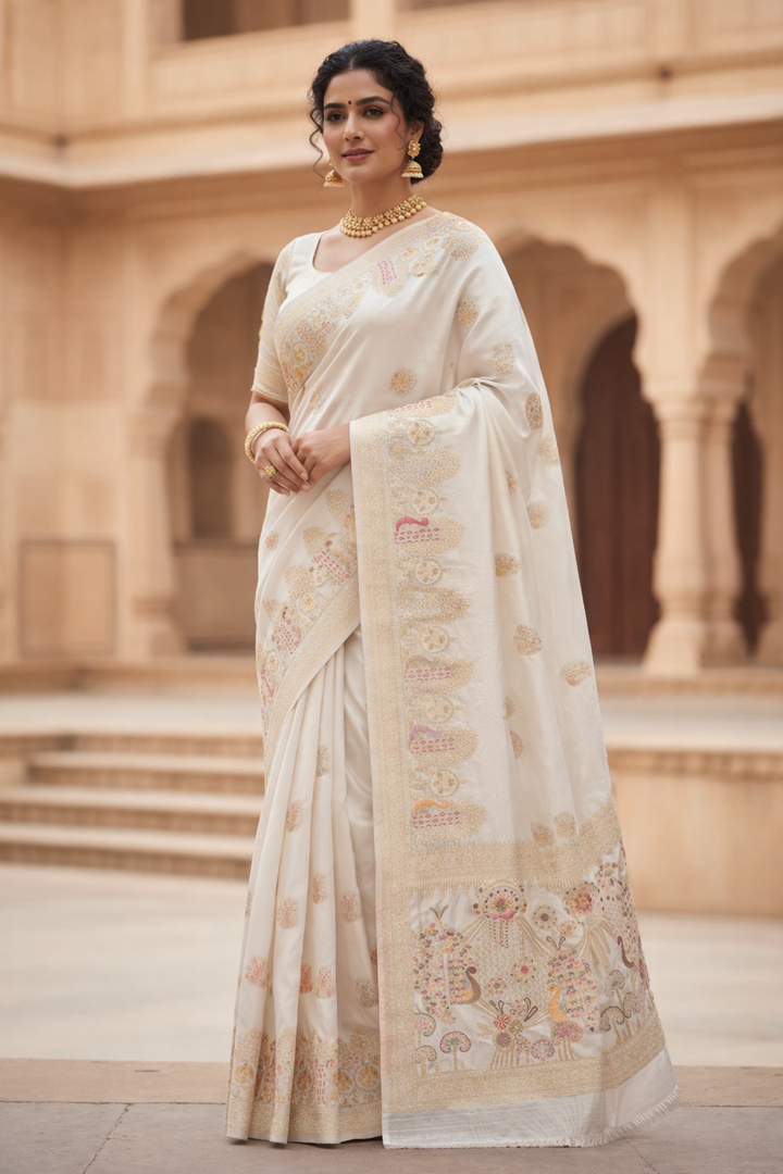 Woman in a traditional saree standing in front of architectural arches.