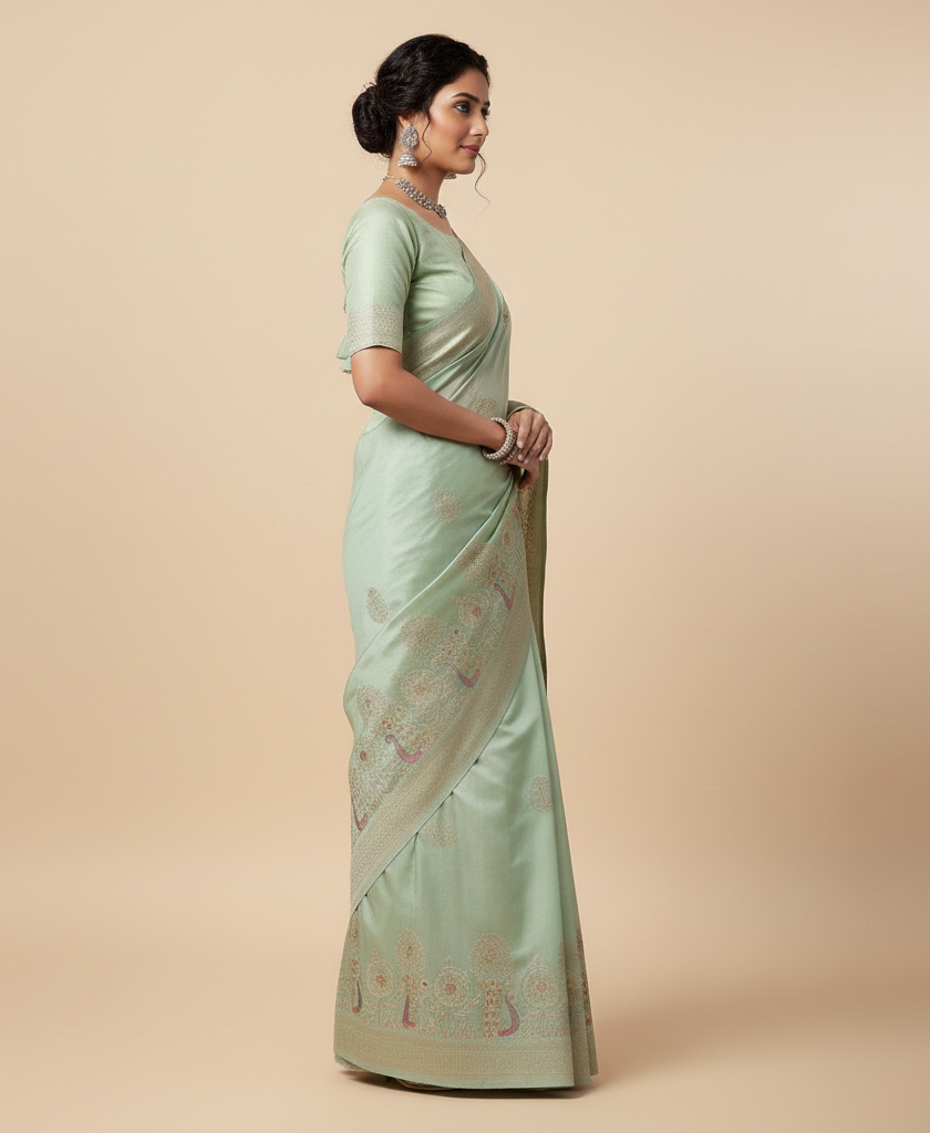 Mint Green Dola Silk Saree with Peacock & Floral Designer Pallu
