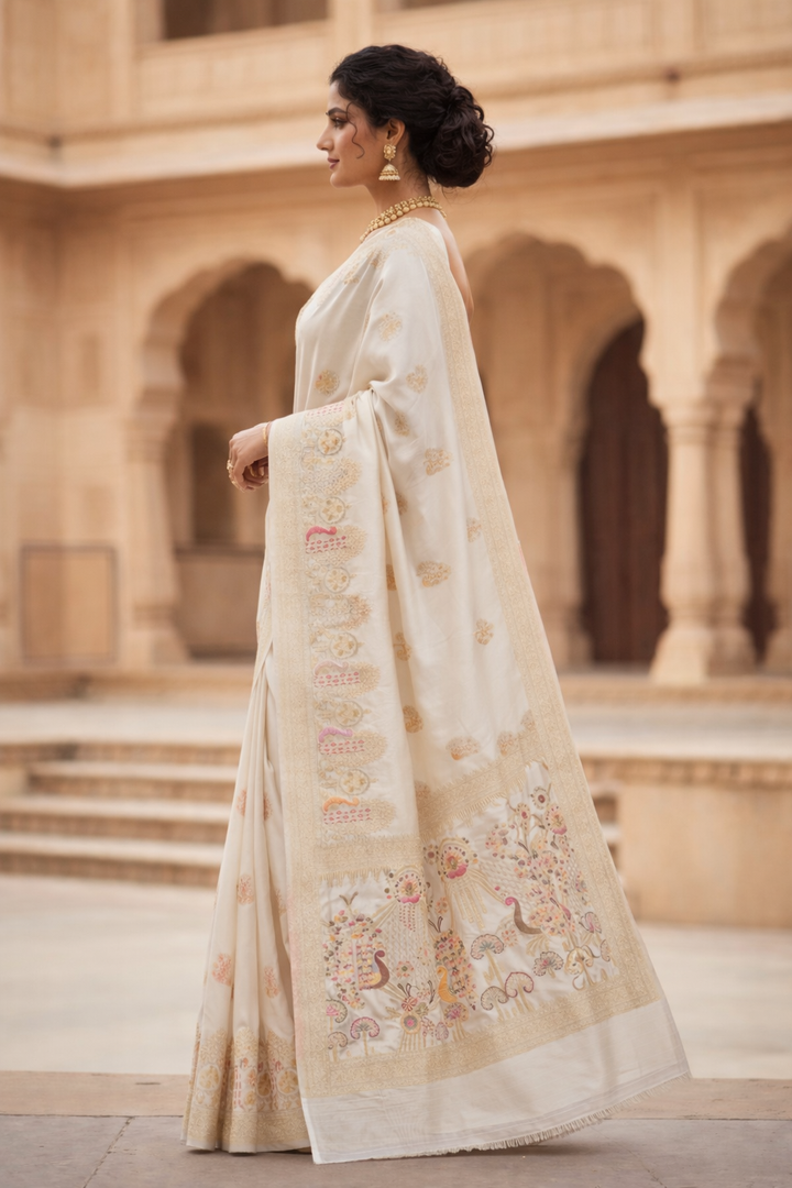 Classic Ivory White Dola Silk Saree with Peacock Garden Pallu & Rich Zari Border