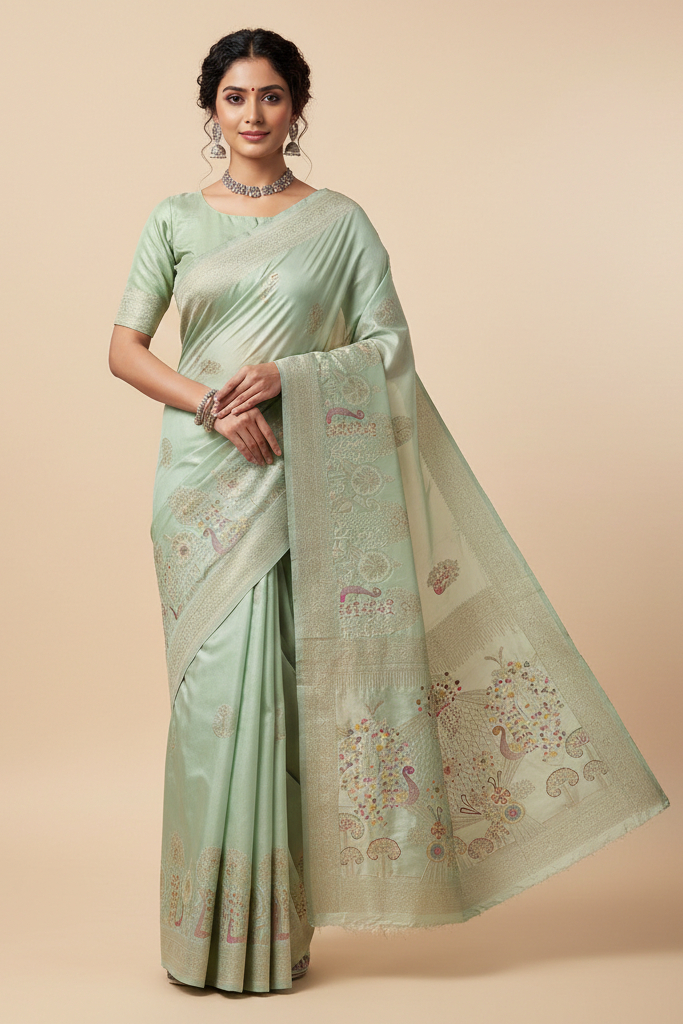 Woman wearing a light green saree with a beige background