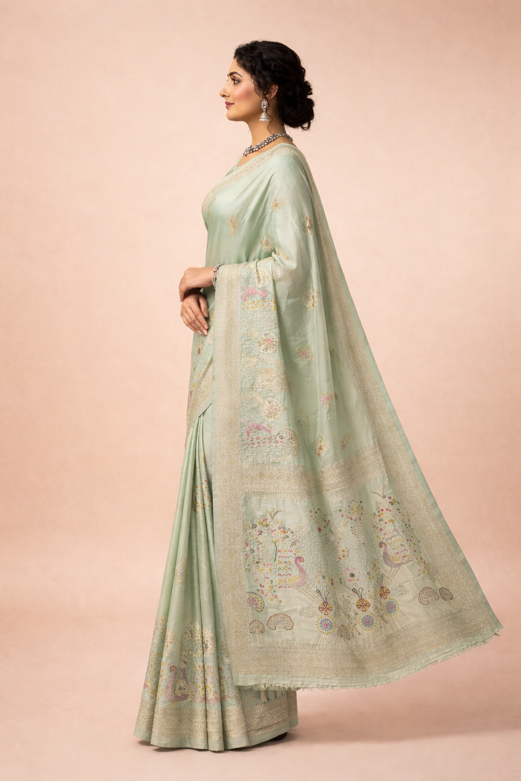 Mint Green Dola Silk Saree with Peacock & Floral Designer Pallu