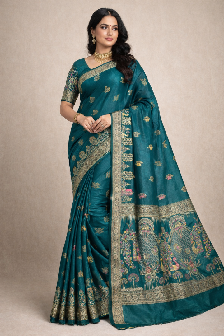 Woman wearing a teal saree with gold patterns on a beige background