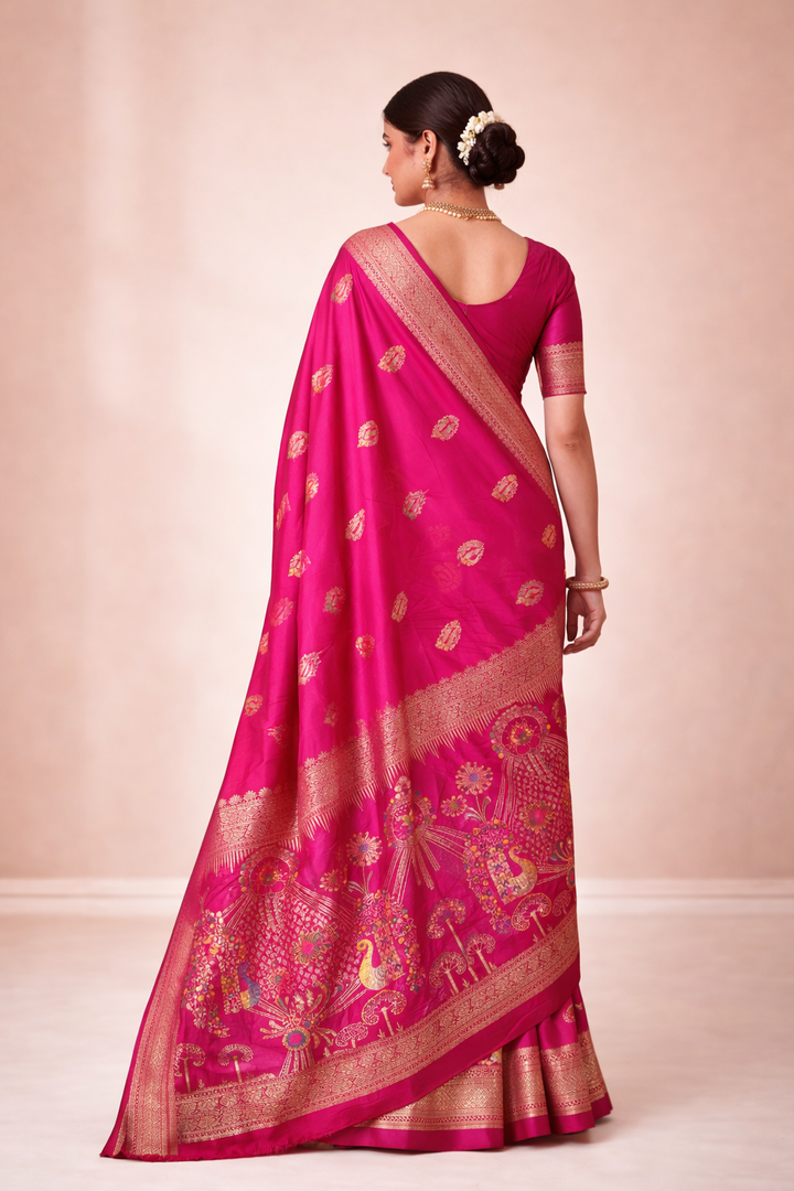 Regal Rani Pink Dola Silk Saree with Peacock & Royal Garden Border