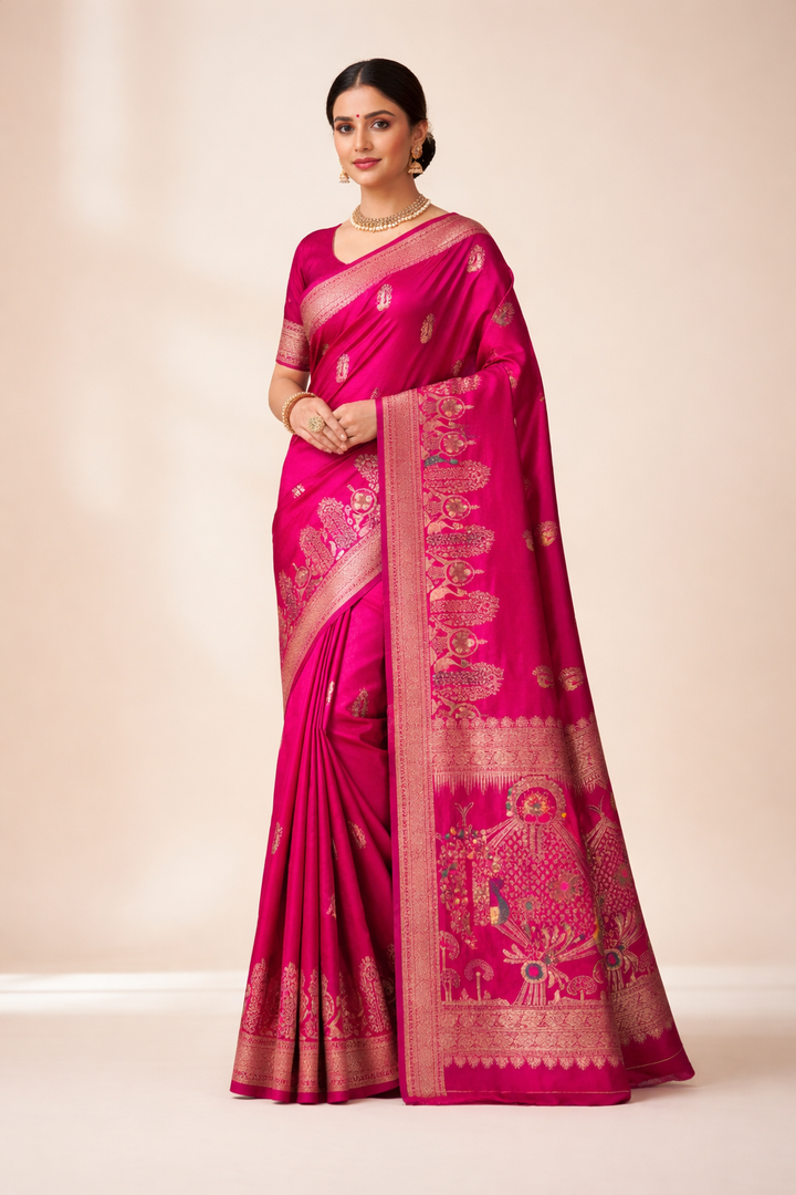Woman wearing a pink saree with a beige background