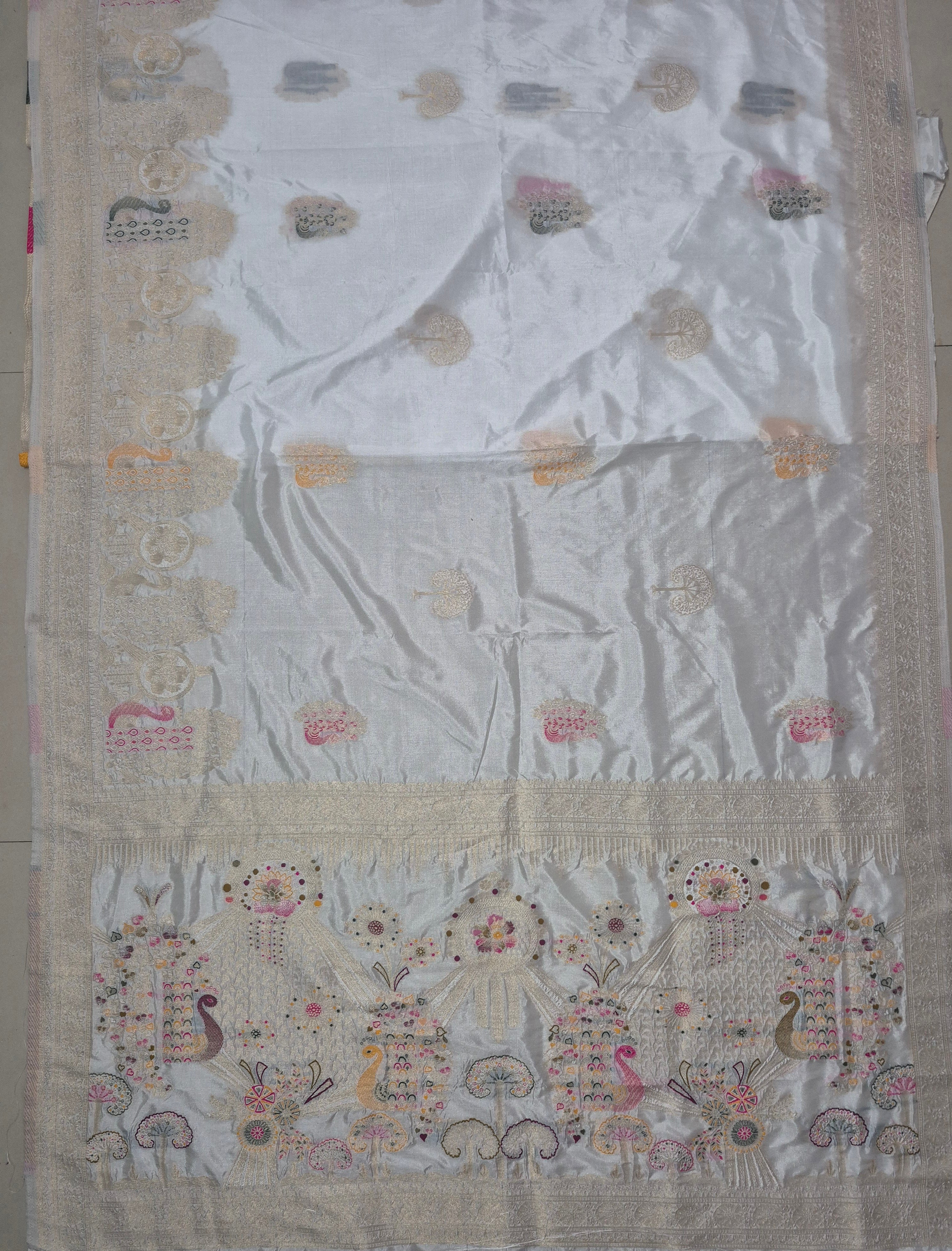 Off White Dola Silk Saree with Peacock & Floral Designer Pallu