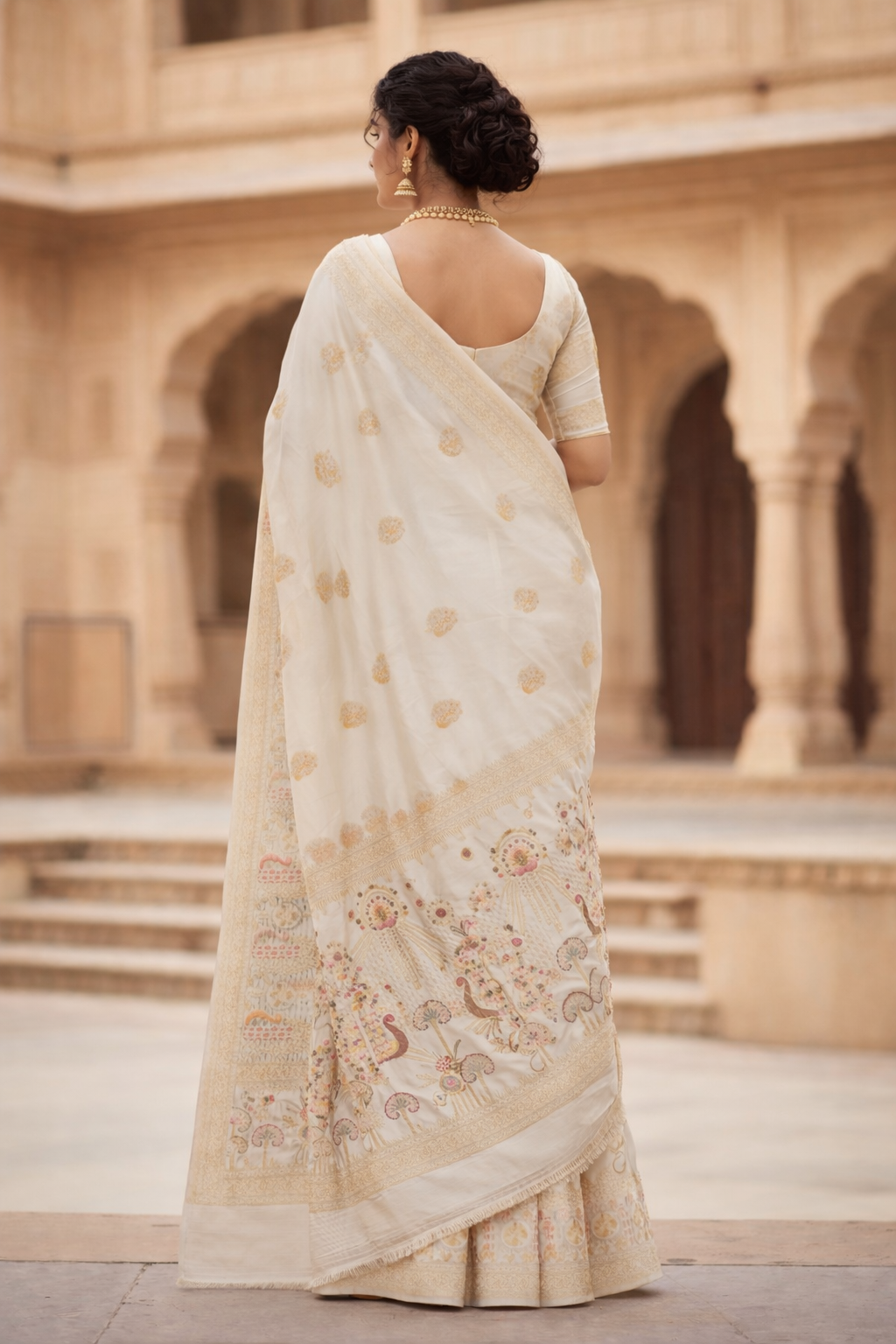 Off White Dola Silk Saree with Peacock & Floral Designer Pallu