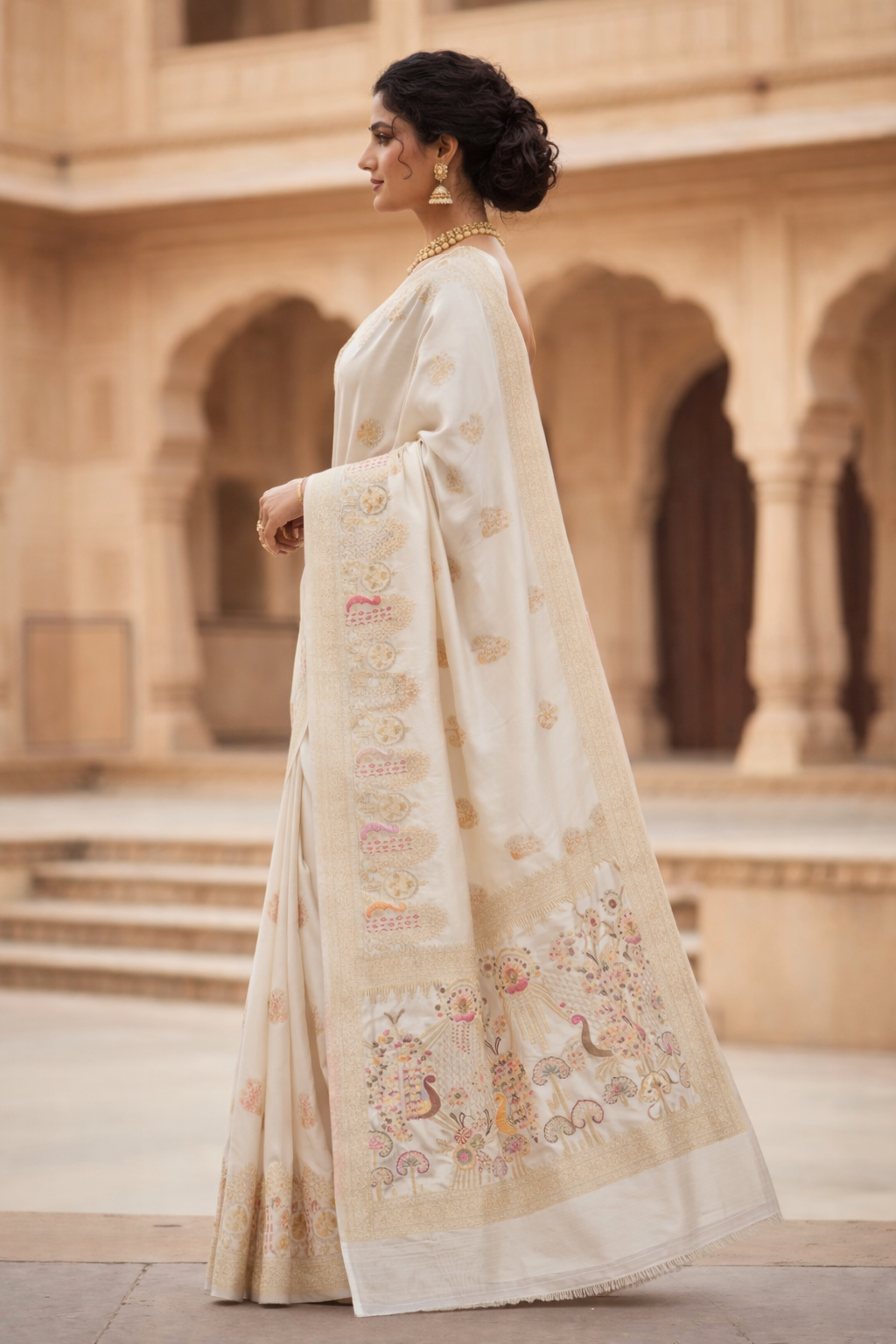 Off White Dola Silk Saree with Peacock & Floral Designer Pallu