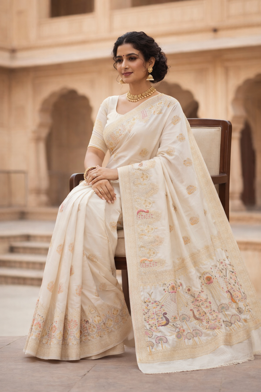 Off White Dola Silk Saree with Peacock & Floral Designer Pallu